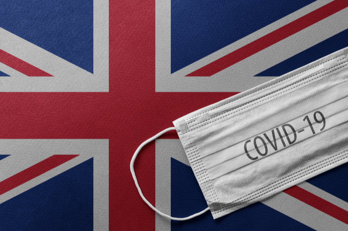 Britische Flagge und Covid-19 Mundschutz