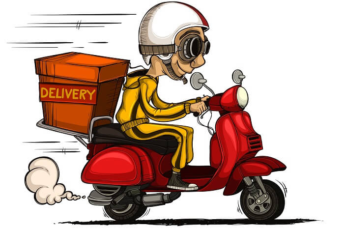 Kurier auf Motorroller mit Paket – Comic 