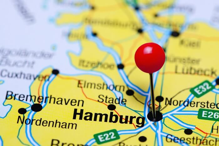 Hamburg pinned on a map of Germany